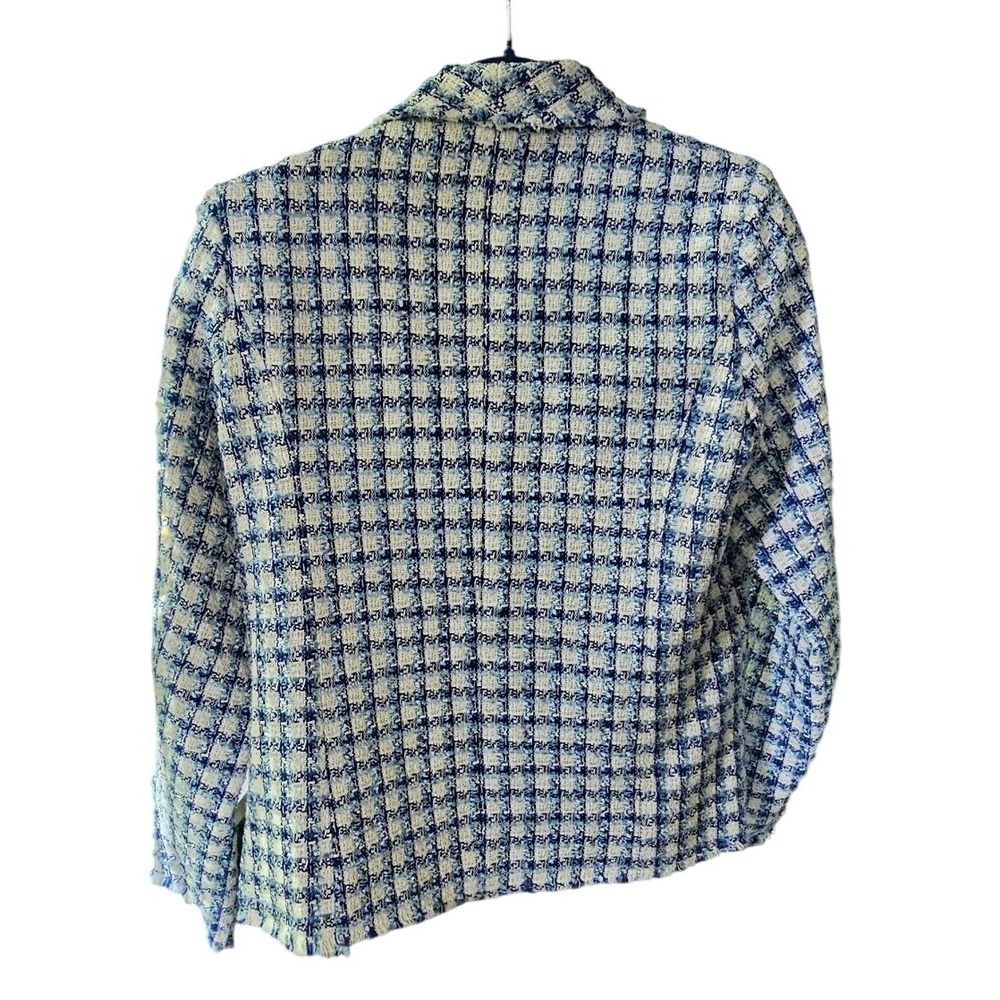 Vici Collection Blue Tweed Blazer Silver Buttons Frayed Trim Size Large - Picture 6 of 8